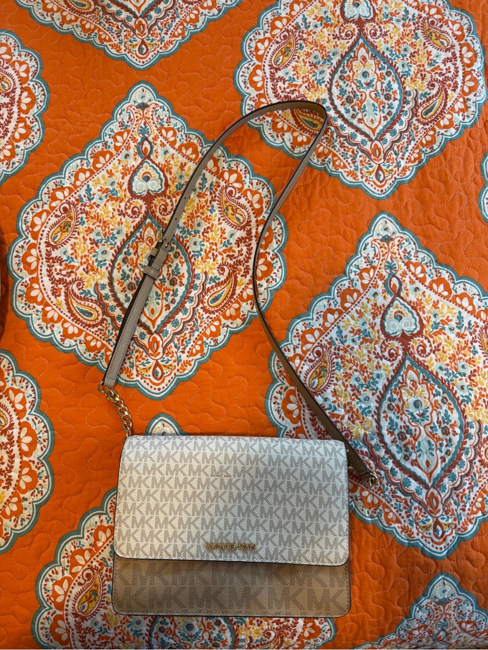 Michael Kors Two-Tone Signature Crossbody Bag in Beige and Tan